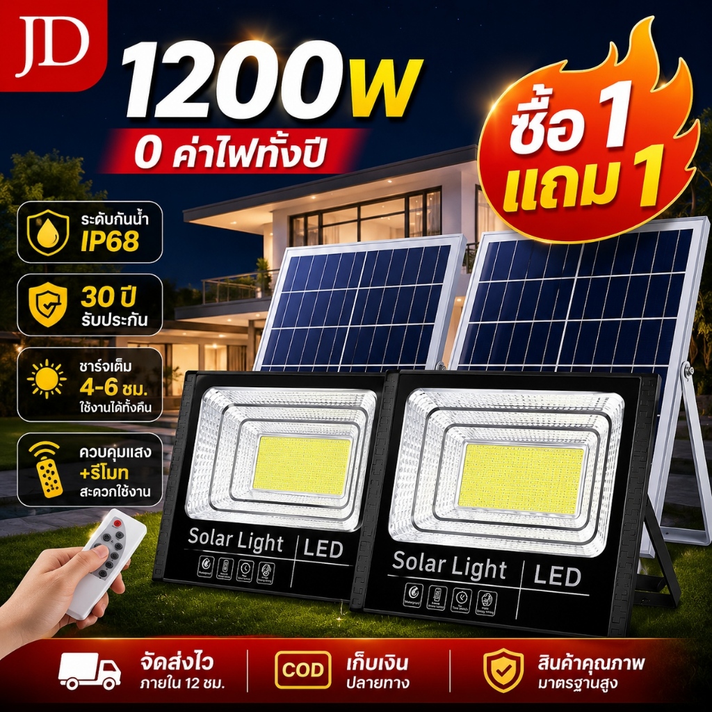 【รับประกัน30ปี】ไฟโซล่าเซลล์ กันน้ำ 100% สปอร์ตไลท์โซล่าเซลล์ Solar Light ทนแดดไทย ไม่เสียค่าไฟ
