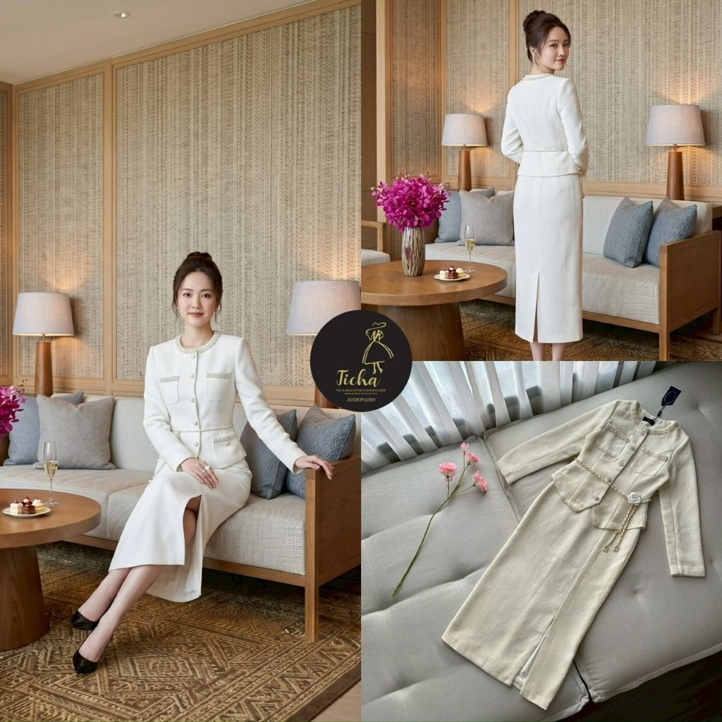 Ticha Set2ชิ้น สีครีมทั้งชุด ผ้าทอทวิตสลับเลื่อมเงิน เสื้อทรงแขนยาวคอกลม รอบคอแต่งอ่ะไหล่มุข และขอบกระเป๋า