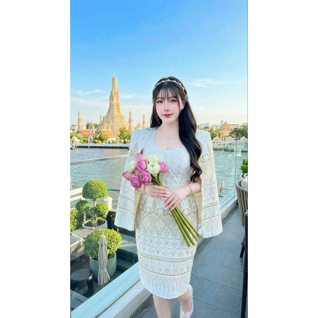 เดรสคลุมไหล่ผ้าทอลายไทย งานสวยใส่ออกงานได้สวยหรูสุดๆ อก38-48เอว30-42สพ.50