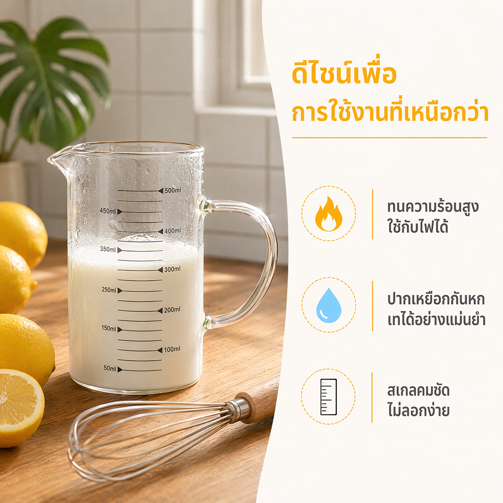 แก้วตวงแก้วบอโรซิลิเกต ทนความร้อน มีสเกลชัด ใช้ชงชา/ชงกาแฟ/ตวงไข่/เติมนมได้ 350ml/500ml/1000ml