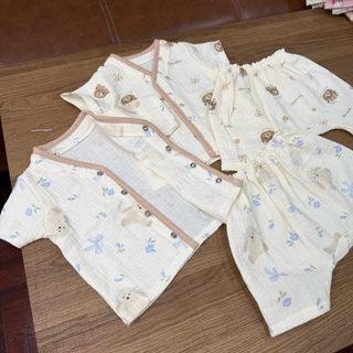 J02ชุดกระดุมคอตั้ง เสื้อแขนสั้น+กางเกงแพมเพิสเด็กแรกเกิดงานตัดเย็บในประเทศไทย