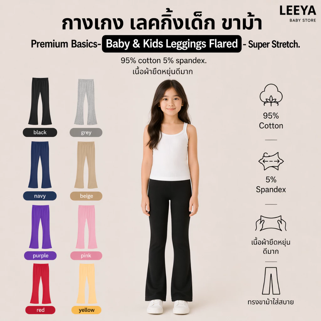กางเกง เลคกิ้งเด็ก ขาม้า ทรงสวยใส่สบาย Premium Basics- Baby & Kids Leggings Flared - Super Stretch LBF