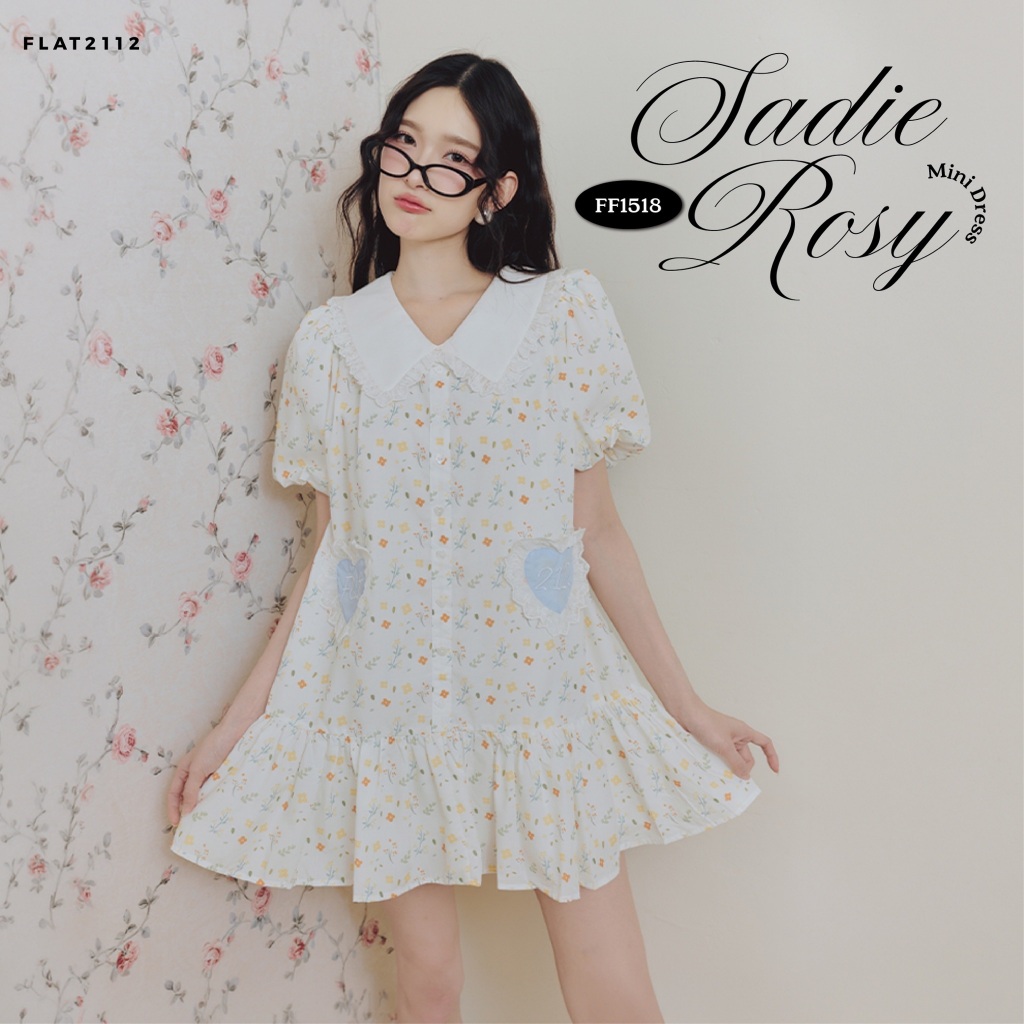 FLAT2112 : SADIE ROSY MINI DRESS เดรสสั้นลายดอกสีครีม คอปก ดีเทลหัวใจระบาย ลุคหวานลูกคุณ เดรสวินเทจสไตล์เกาหลี (FF1518)