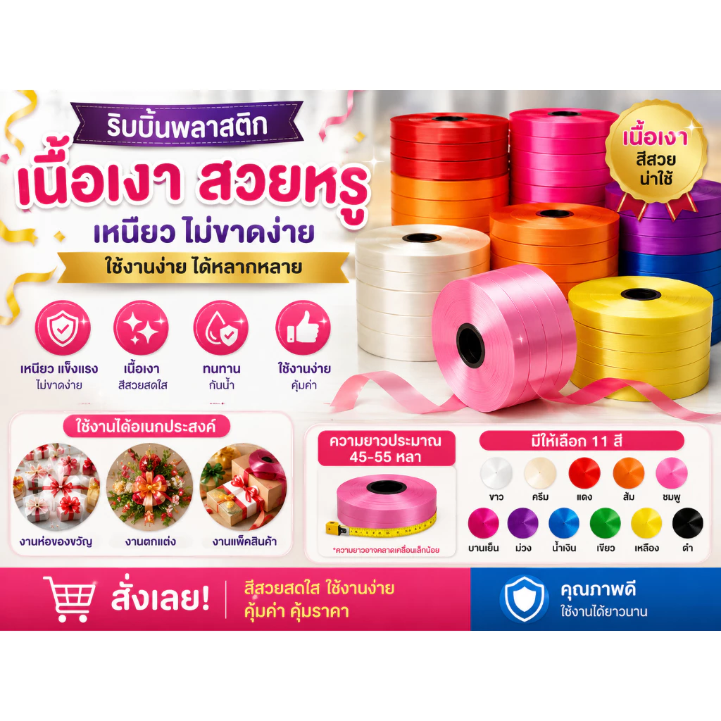 ริบบิ้นห่อเหรียญ ริบบิ้นพวงมาลัย ริบบิ้นตราดอกไม้ ไม่มีปก ขายเป็นกิโล เบอร์ 2,3,5,9