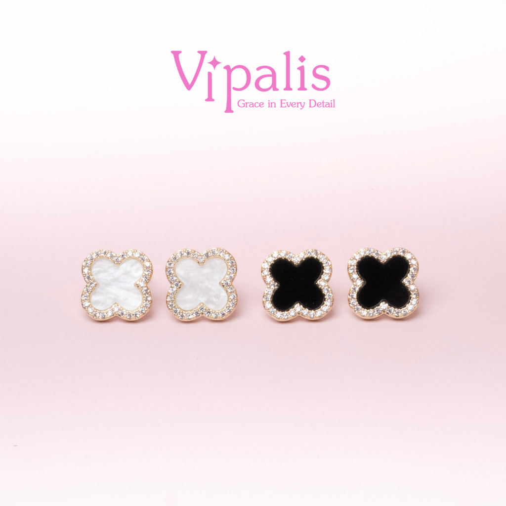 Vipalis ต่างหู Clover หรู มุกขาว/ดำ ก้านเงิน 925 พร้อมส่ง