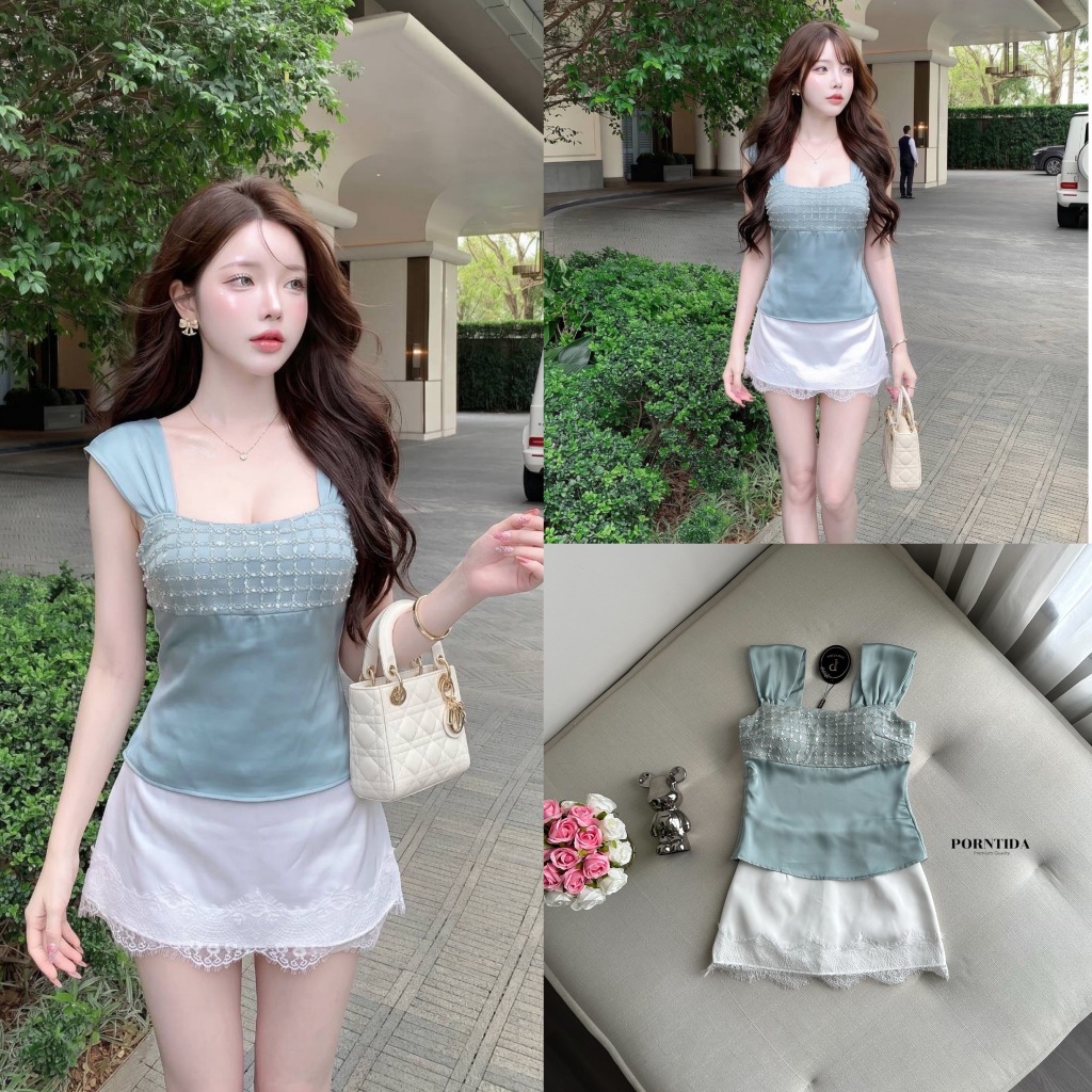 PORNTIDA Setเสื้อสีฟ้าคราม-ะกระโปรงสีขาว