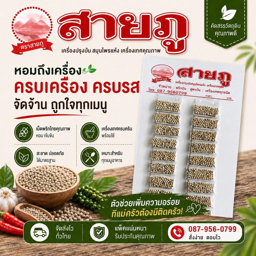 พริกไทยเม็ด ขาวแท้แบบแผงยาวตราสายภู [20ซอง]