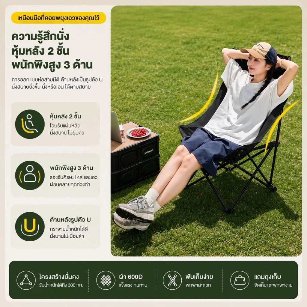 1FREE1 เก้าอี้แคมป์ปิ้ง พนักพิงสูง เก้าอี้สนาม พับได้ แบบพกพา ปิคนิค แถมถุงเก็บ รับน้ำหนัก 300KG thumbnail 9