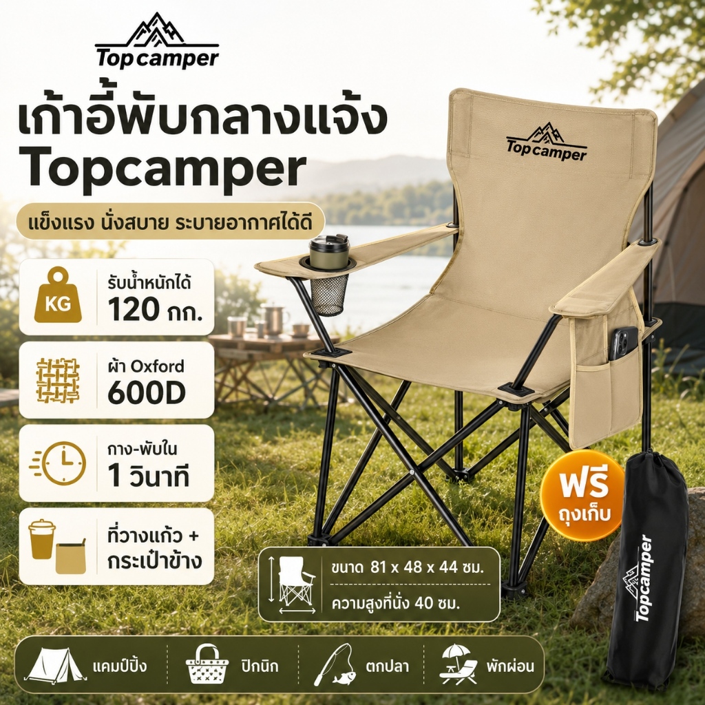 2026 Topcamper เก้าอี้แคมป์ปิ้ง เก้าอี้สนาม (มีที่พักแขน) เก้าอี้ปิคนิค เก้าอี้ เก้าอี้พับได้ พับได้ มีถุงใส่หูหิ้ว