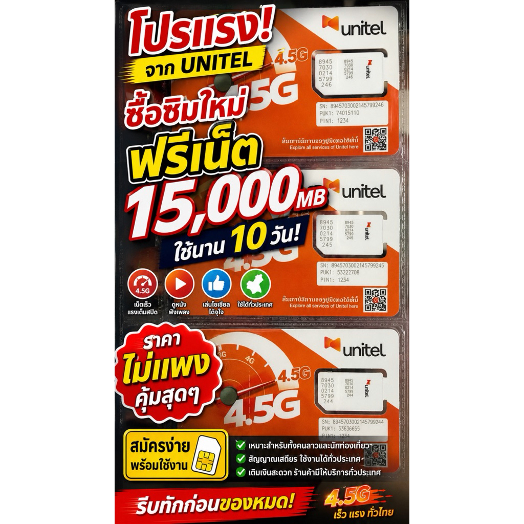 ซิมเน็ตลาว Unitel ฟรี 15,000MB