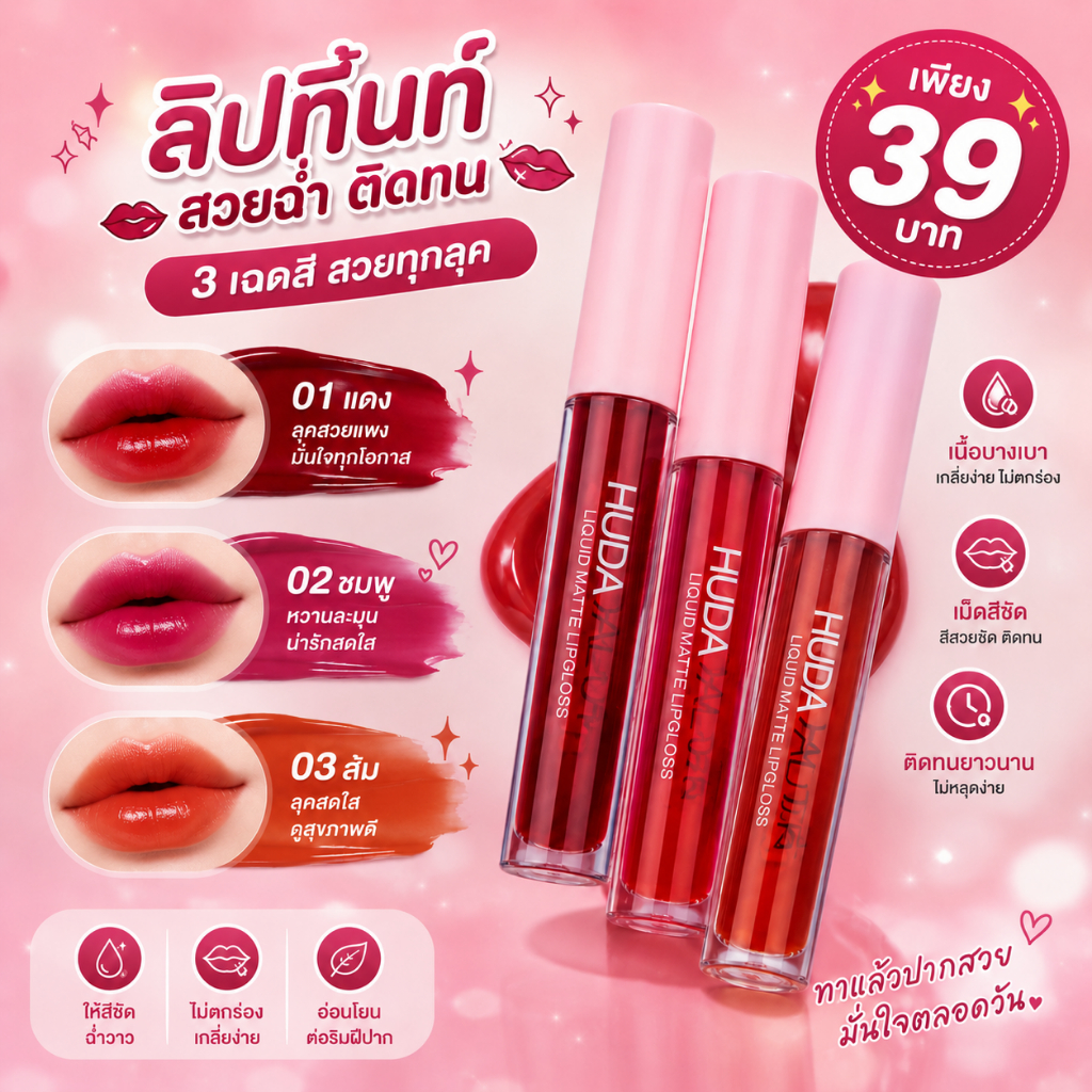 ลิปทิ้นท์ ลิปกลอสทาปาก ติดทน ยาวนาน 24 ชม.  HUDA DAEUTY LIQUID MATTE LIPGLOSS & TINT
