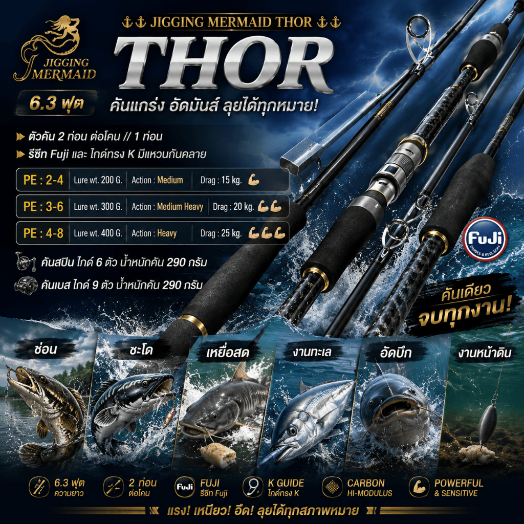 [ ของแท้ ]  คันนางเงือก Jigging Mermaid THOR 6.3 ฟุต เหมาะกับงานช่อน ชะโด เหยื่อสด ทะเล อัดบึก หน้าดิน