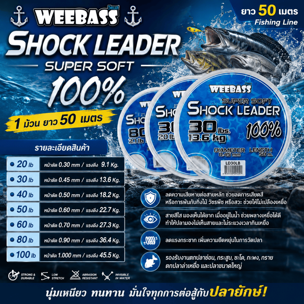[ ของแท้ ]  สายช็อคลีดเดอร์ WEEBASS SHOCK LEADER SUPER SOFT 100% ยาว 50 เมตร Fishing Line