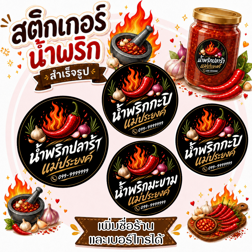 สติกเกอร์น้ำพริกสำเร็จรูป สามารถเพื่มชื่อร้าน แก้ไขข้อความได้ โลโก้ ฉลากสินค้า กันน้ำ