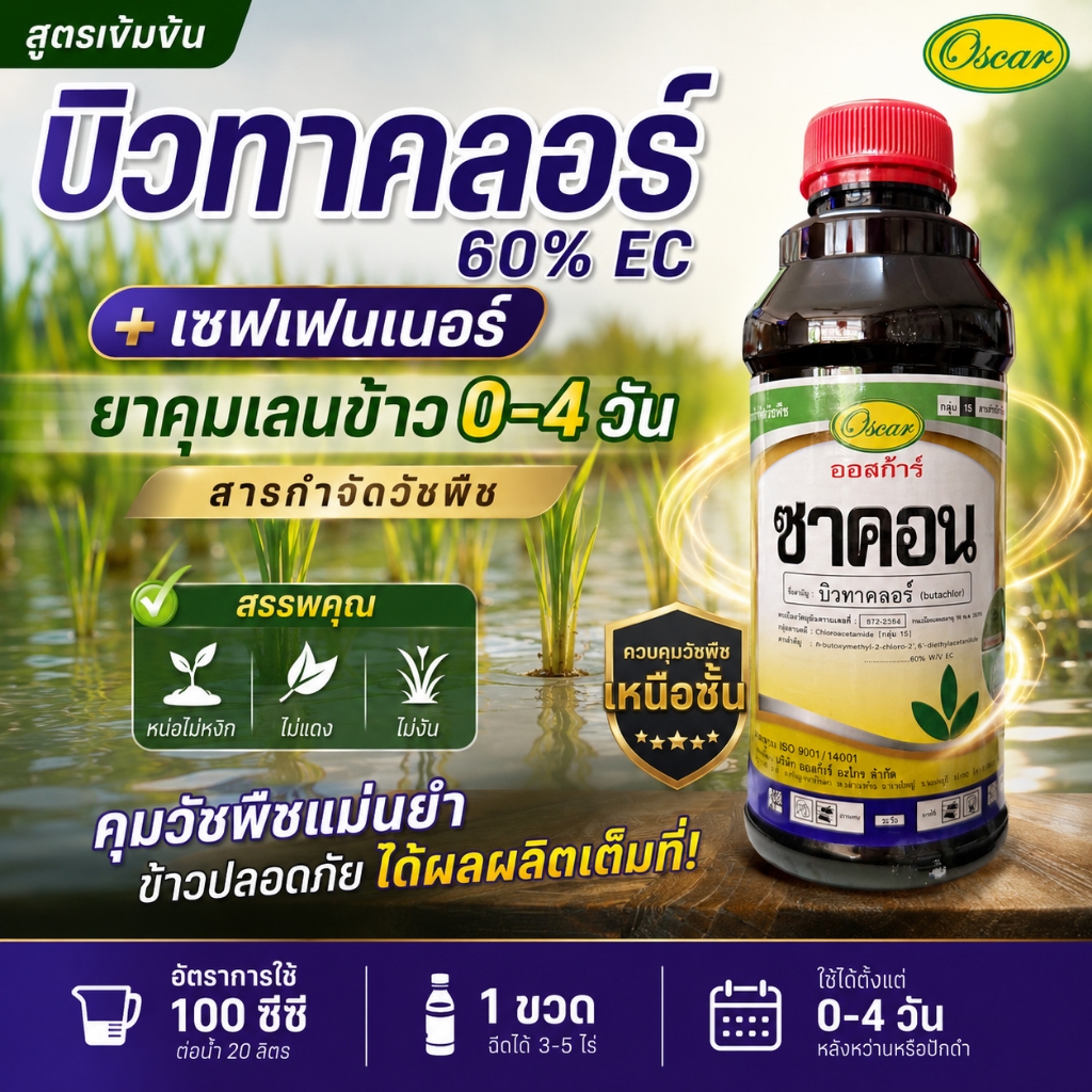 // 12 ขวด // ซาคอน บิวทาคลอร์ 60% ( 1L ) คุมเลน คุมเปียก-คุมแห้ง สารกำจัดวัชพืช หลังหว่าน 0-4 วัน
