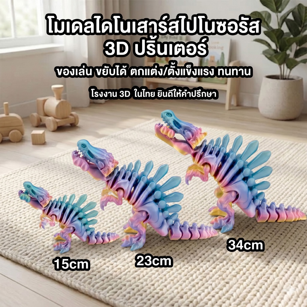 3D Printed Skeleton Dinosaur ขยับได้ ของเล่นฟิกเกอร์ Flexible โมเดลตั้งโต๊ะ ของสะสม คลายเครียด