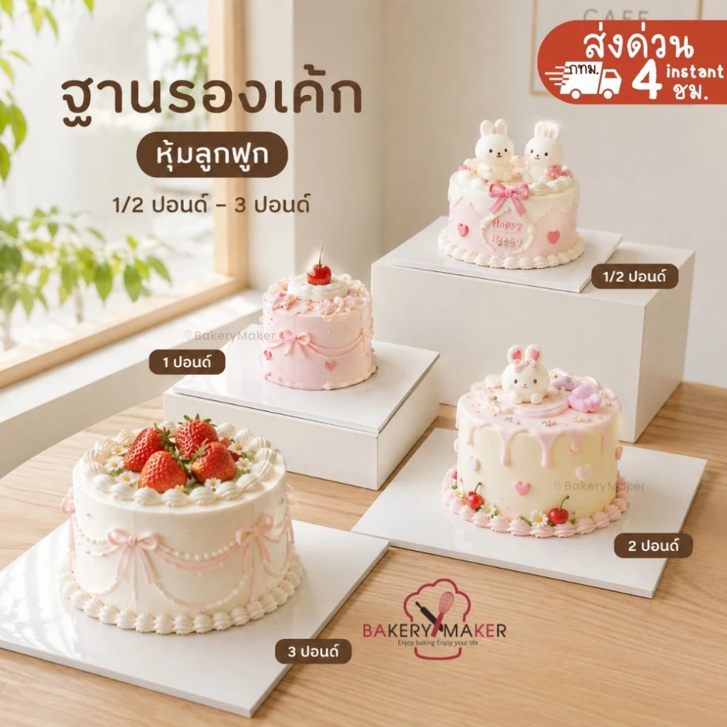 Cake board ฐานรองเค้ก หุ้มลูกฟูก 1/2 - 3 ปอนด์ แผ่นรองเค้ก สีขาว 5ใบ เกาหลี สี่เหลี่ยม