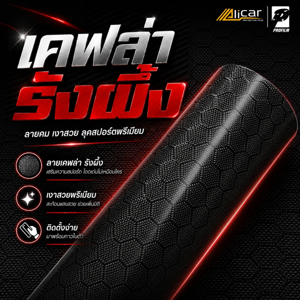 [Alicar แท้100%] สติ๊กเกอร์เคฟล่ารังผึ้งแบบเงา Alicar แท้ 100%