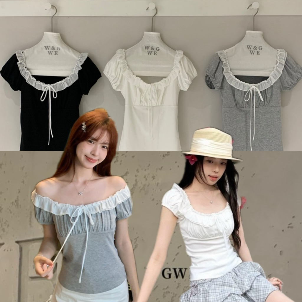 9471# เสื้อคอยูแขนตุ๊กตา มีเชือก ผูกโบว์ช่วงอก จะใส่เป็นเปิดไหล่ก็ดู sexy เนื้อผ้าดี งานสวย  TAG:WG.WE 🇰🇷