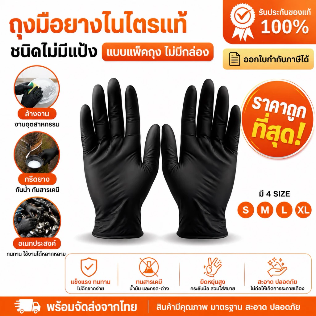 ถุงมือราคาถุกที่สุด⚡️ ถุงมือยางไนไตรแท้ อเนกประสงค์ สีดำ งานแพ็คถุง ยืดหนุ่นมาก พร้อมส่ง