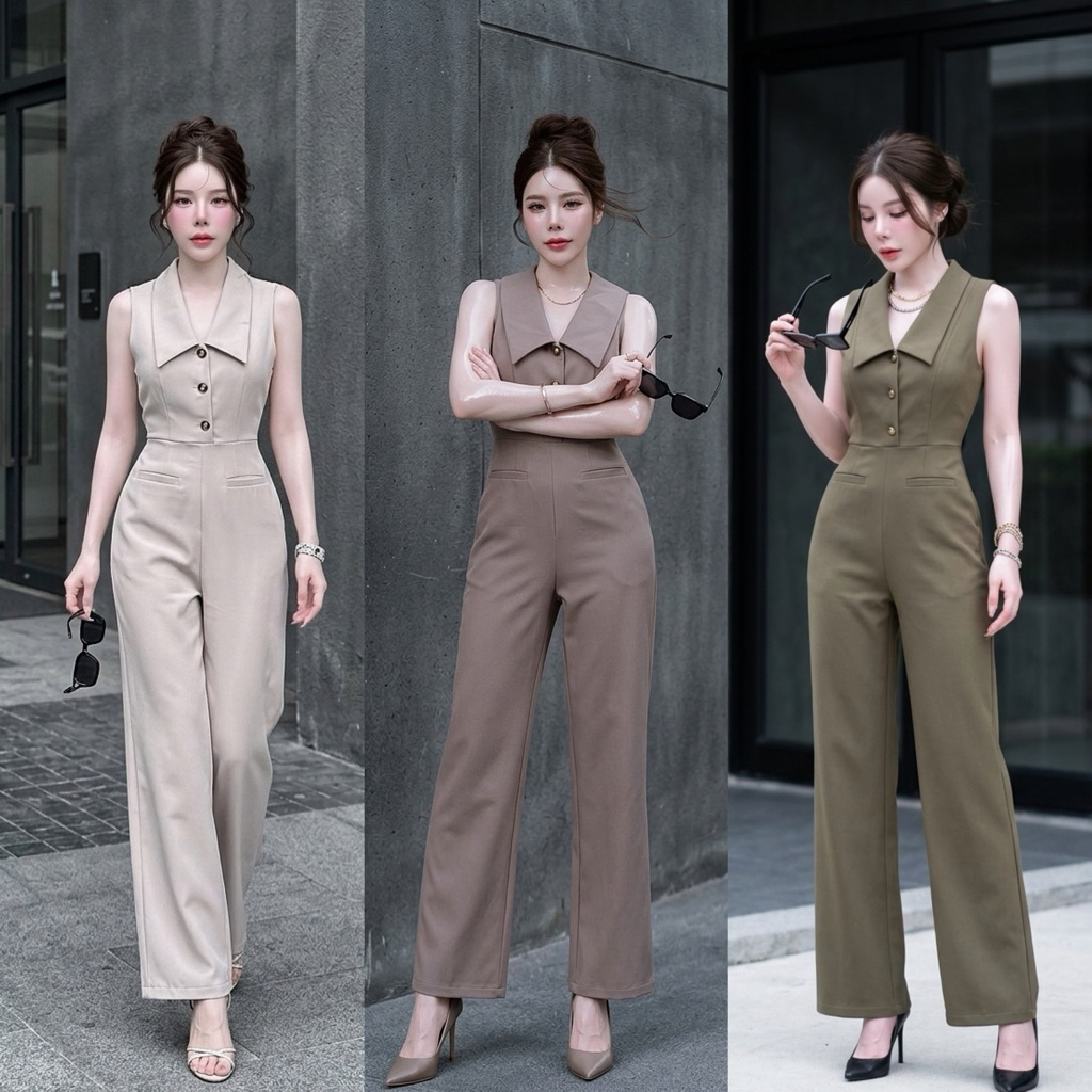 D400 Cassie Jumsuit จั๊มสูทขายาวคอปกแขนกุดซิปหลัง กระเป๋าจริง ใส่ทำงาน ใส่ออกงานสวย