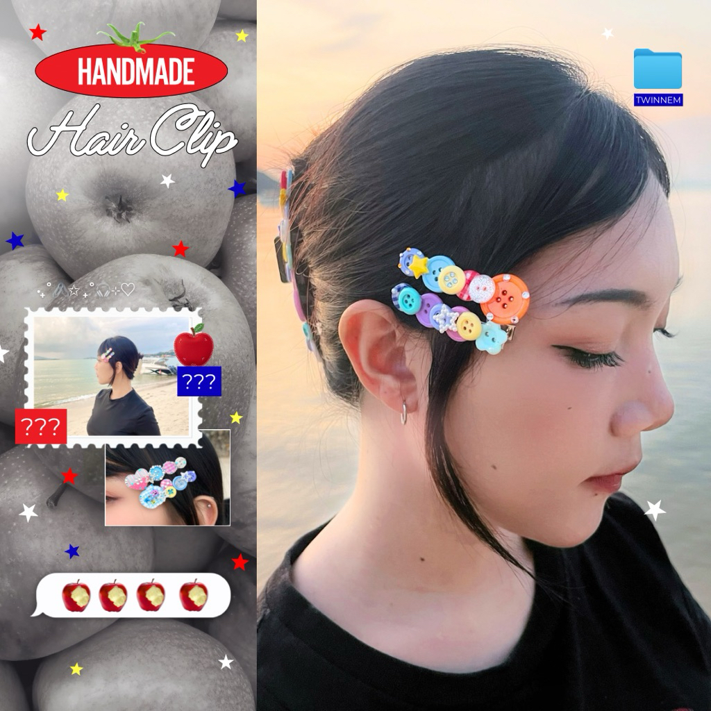 Twinnem-Handmade 🌀🍎⭐️กิ๊บกระดุม Whimsy Style,กิ๊บติดผม Y2K เครื่องประดับผมน่ารัก