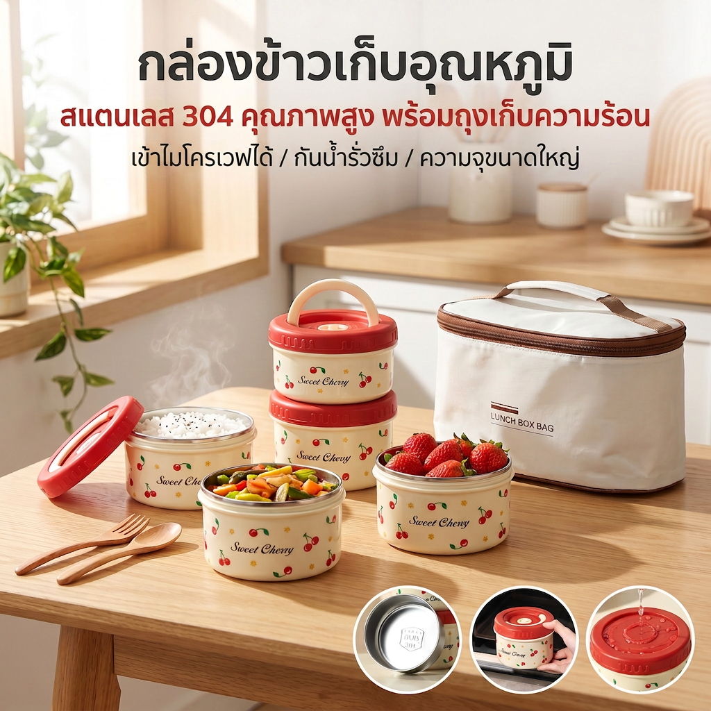 กล่องข้าวเก็บอุณหภูมิ สแตนเลส304 เก็บความร้อนเย็น กันรั่ว เข้าไมโครเวฟได้ พร้อมกระเป๋าพกพา