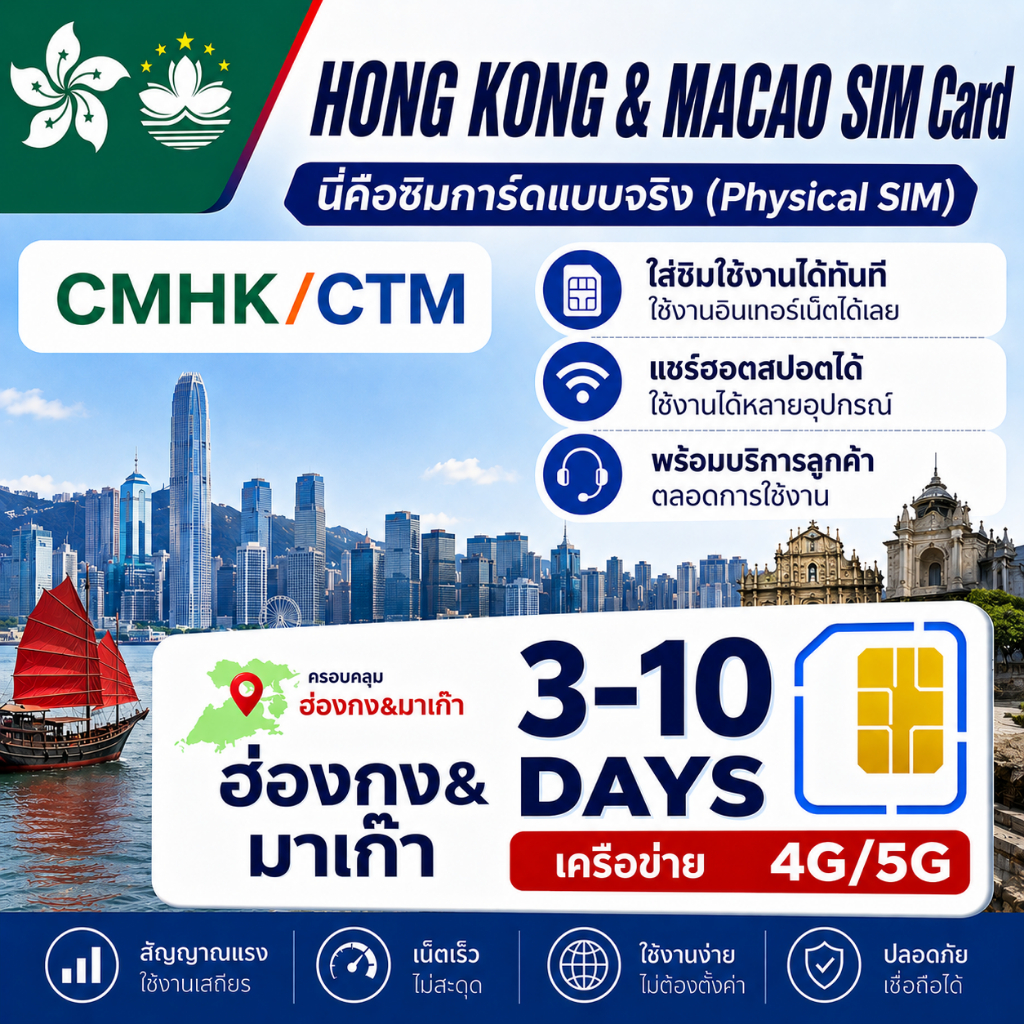 HK+MAC ซิมการ์ดฮ่องกง-มาเก๊า4G｜ใช้ได้ทั้งสองเขต｜ใช้งานได้ทันที｜เหมาะสำหรับนักท่องเที่ยวและนักธุรกิจ