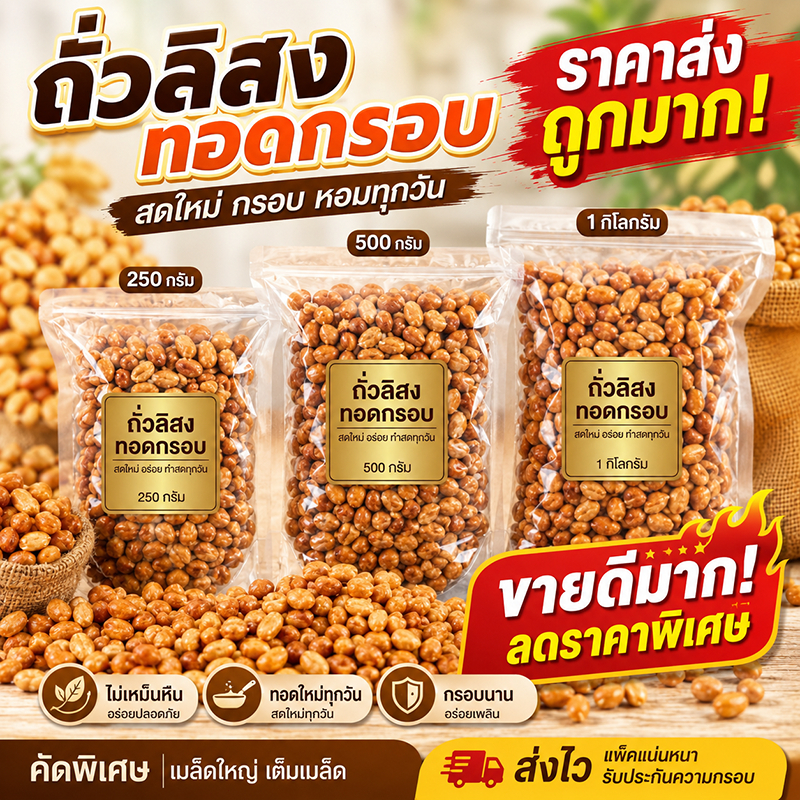 [ขายดีมาก] ถั่วลิสงทอดกรอบ เมล็ดใหญ่ คัดพิเศษ ทอดใหม่ ไม่เหม็นหืน ราคาส่ง ถูกมาก! (250g/500g/1kg)
