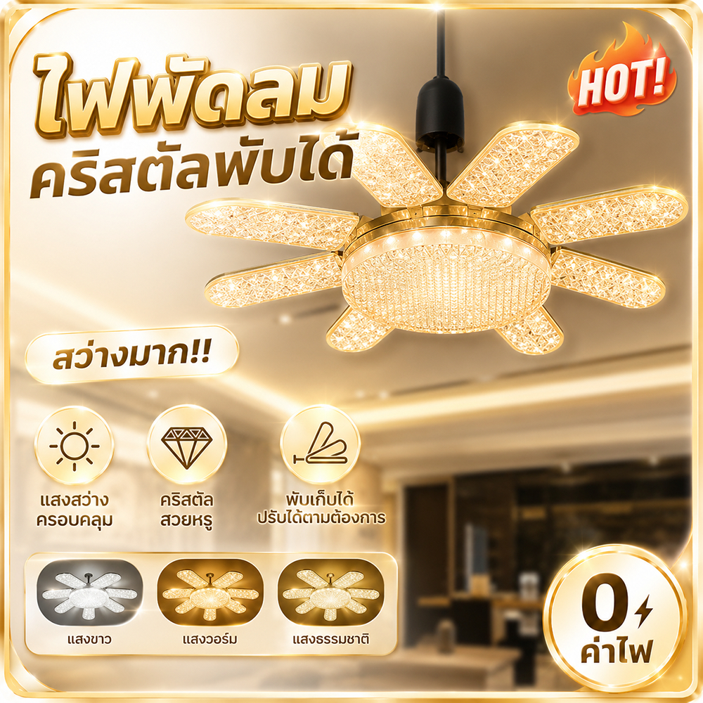หลอดไฟเพชร หลอดไฟพับ พับเก็บได้ 450W สว่างมาก ประหยัดไฟ E27 สองสี พับเก็บได้ ทรงใบพัด ไฟร้านอาห