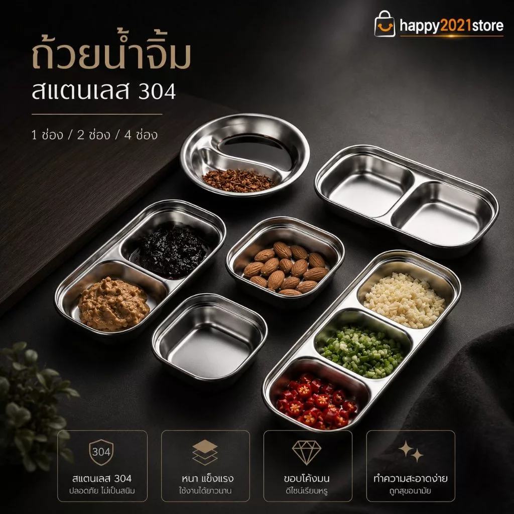 ถ้วยน้ำจิ้มสแตนเลส SUS304 ฟู้ดเกรด ถ้วยใส่น้ำจิ้ม ถ้วยน้ำจิ้ม 1 ช่อง 2 ช่อง 4 ช่อง แข็งแรง น้ำหนักเบา