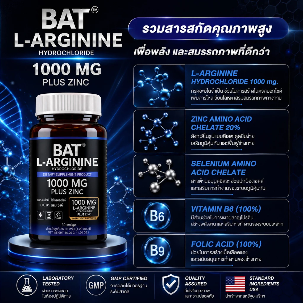 BAT™ L-Arginine HYDROCHLORIDE 1000 mg. Plus Zinc แอล-อาร์จินีน thumbnail 5