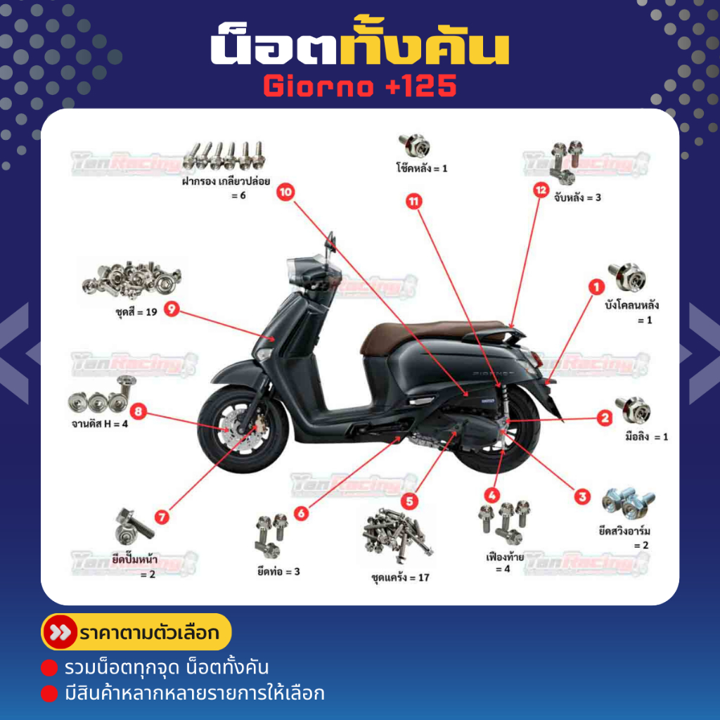 รวมทุกจุด น็อตทั้งคัน Honda Giorno+125 จีออโน่ พลัส125 สแตนเลสแท้100% ราคาชุดละ
