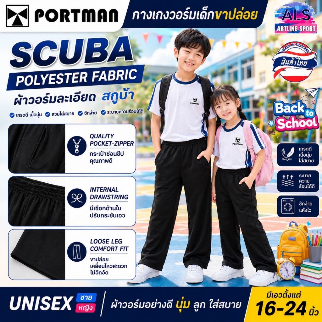 PORTMAN กางเกงวอร์มเด็กขาปล่อย  (กระเป๋า2 ข้างมีซิป) พอร์ตแมน รุ่น WJ03 (สินค้าไทย)  -วัสดุ : ผ้าวอร์มเนื้อละเอียด Scuba