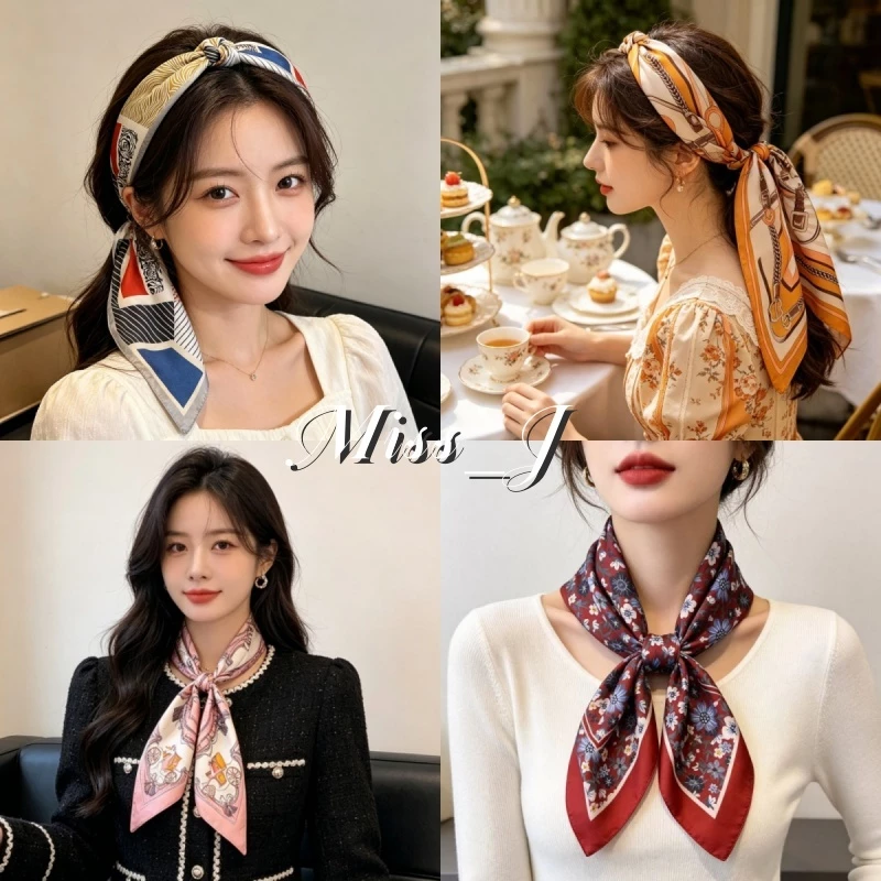 Miss_J พร้อมส่งจากกทม 🎀ผ้าพันคอพิมพ์ลายผ้าไหมเทียมอเนกประสงค์ ขนาด 70*70 ซม.