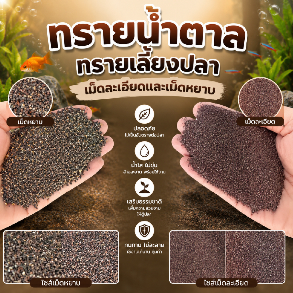 ทรายน้ำตาล ทรายเลี้ยงปลา ทรายรองพื้น ไม่เป็นอันตรายต่อสัตว์ เม็ดละเอียดและเม็ดหยาบ
