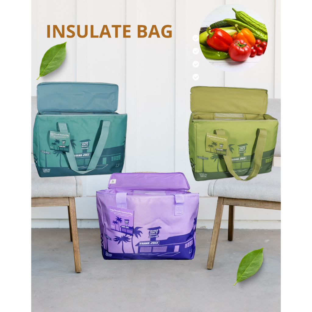 🇺🇸พร้อมส่ง 👜Trader Joe’s Dusty Blue & Olive Green Large Insulated Bag กระเป๋าเก็บความเย็น สีใหม่ ใบใหญ่🇺🇸💯