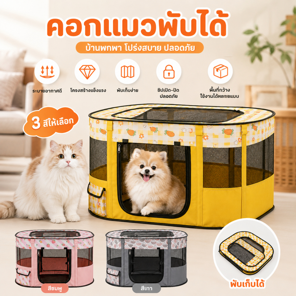PET Record คอกสัตว์เลี้ยงพับได้ M คอกแมวสุนัข พื้นที่ขนาดใหญ่ ระบายอากาศดี พกพาง่าย แข็งแรง
