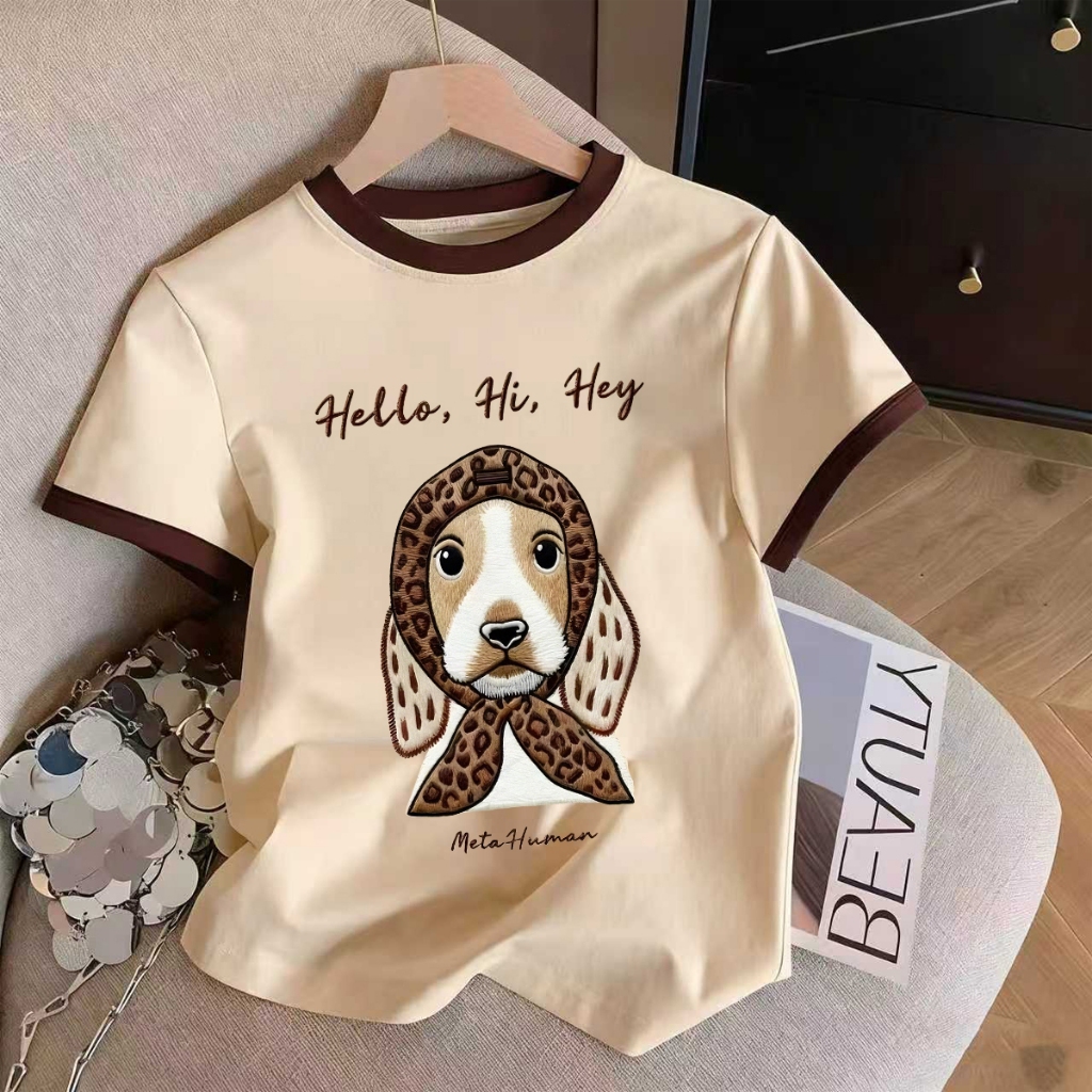 เสื้อยืดคอกลมสำหรับผู้หญิง สไตล์ฤดูร้อน ดีไซน์สีตัดกัน ลายสุนัขน่ารัก มี 6 สีให้เลือก (ไซส์ M-3XL) สไตล์สตรีท