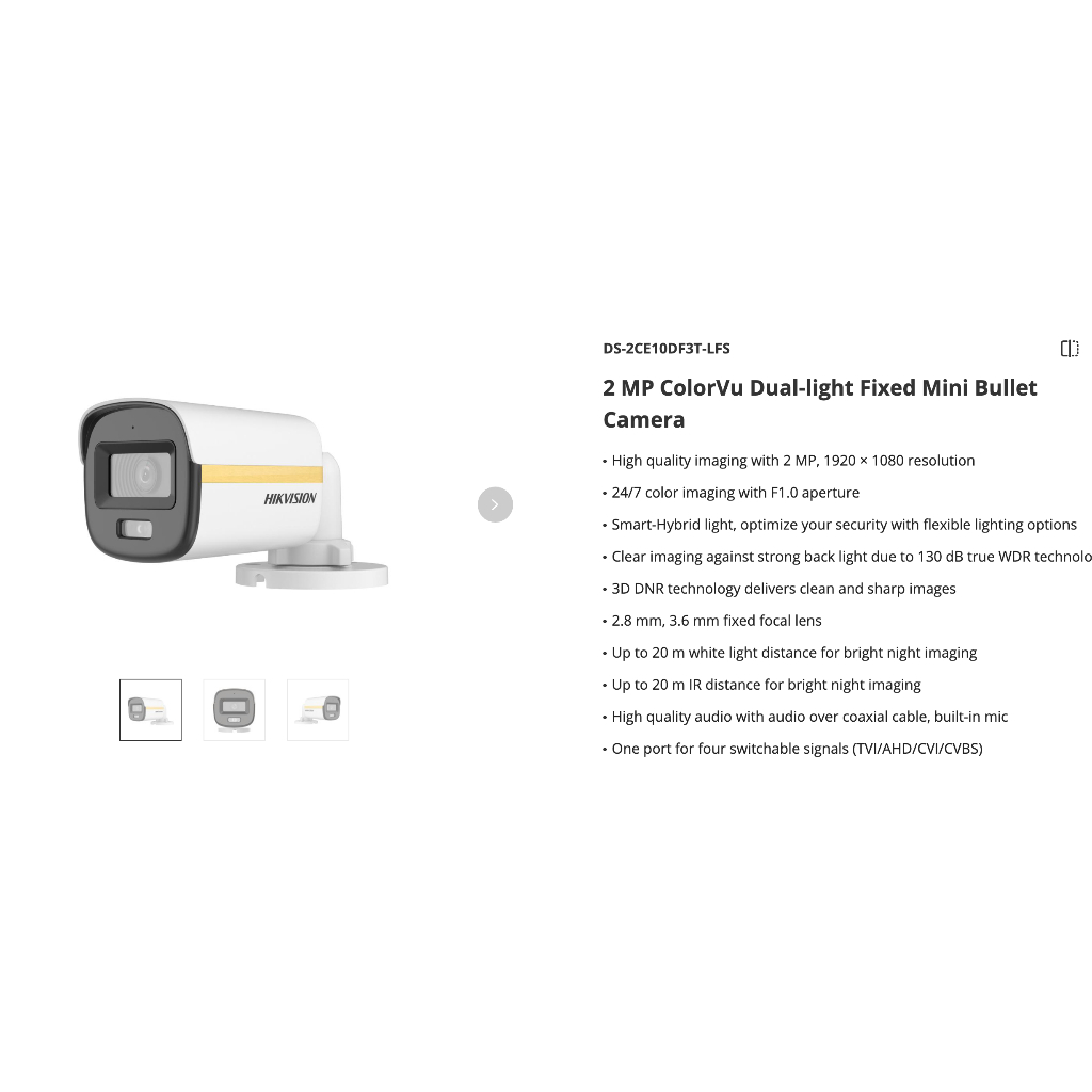 กล้องวงจรปิด HikVision DS-2CE10DF3T-LFS (กระบอก ความละเอียด 2 ล้าน มีสีกลางคืน มีไมค์)