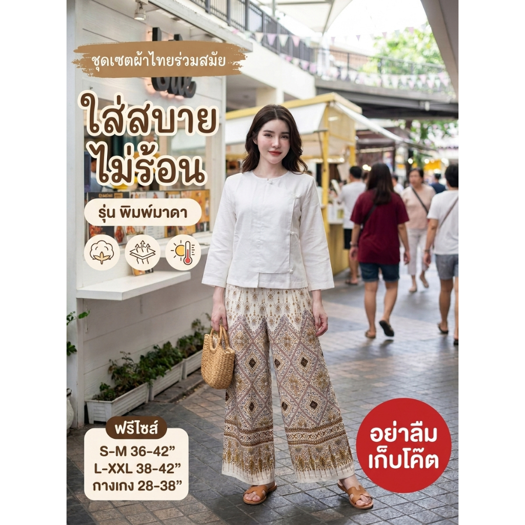 ชุดเซตไทยประยุกต์ รุ่นพิมพ์มาดา ชุดไปคาเฟ่ ชุดไปวัด เสื้อผ้าฝ้ายป้ายข้าง กางเกงลายไทย ใส่สบาย