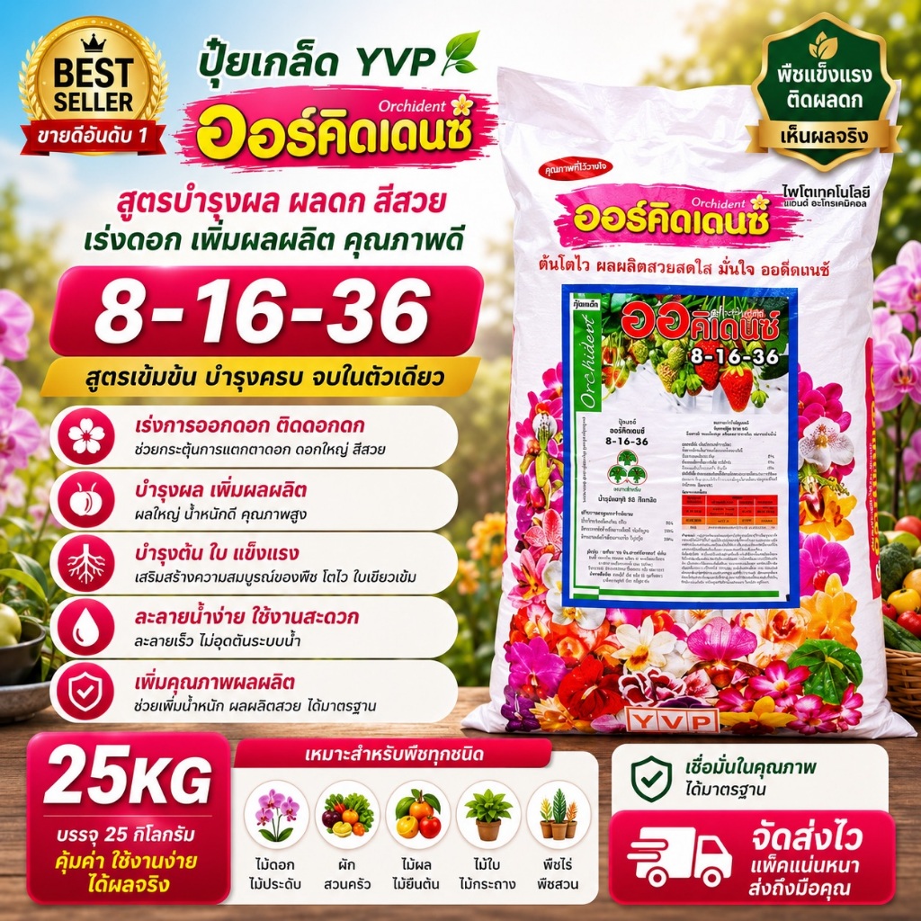 🔥 Orchident Premium 8-16-36 ปุ๋ยเกล็ดบำรุงผล เพิ่มขนาด เพิ่มน้ำหนักผลผลิต 25กก.