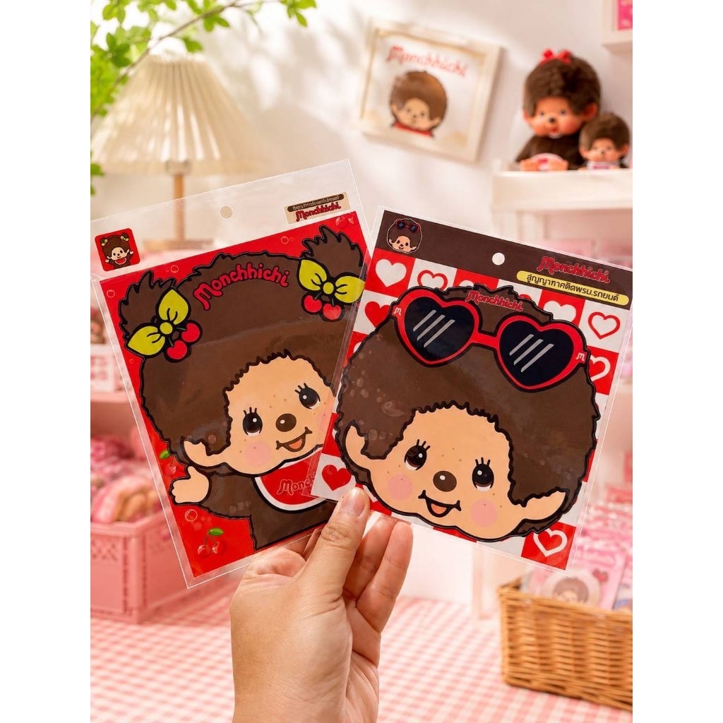 สติกเกอร์สูญญากาศติด พรบ. Monchhichi​ สีสด ติดแน่น ไดคัตตามแบบ ราคาใบละ 69 บาท