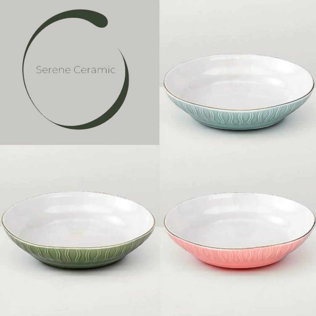 จานกลมเซรามิค 7.5/8/9นิ้ว มี3สี ฟ้า สีเขียว ชมพู จานเวฟได้ อบได้ ล้างเครื่องได้ มินิมอล