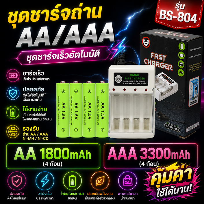 ถ่านชาร์จ NI-HM AA ความจุ3000mAh 1แพค 4ก้อน (AAเขียว4ก้อน)
