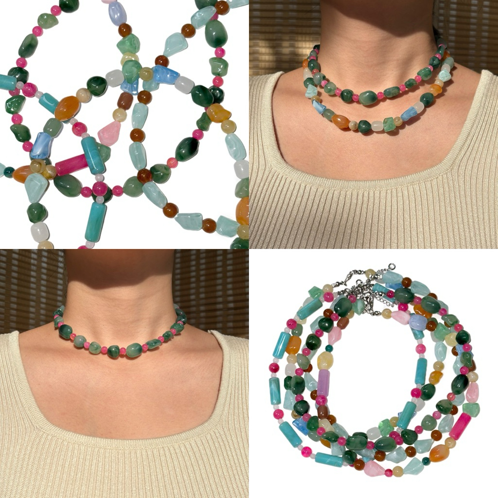 Piing me Necklace | สร้อยคอลูกปัดหินเทียมรูปทรงต่างๆโทนสีเขียว