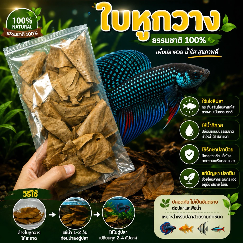 ใบหูกวาง 🐟 ดูแล รักษา ปลากัด 5ถุงแถม1