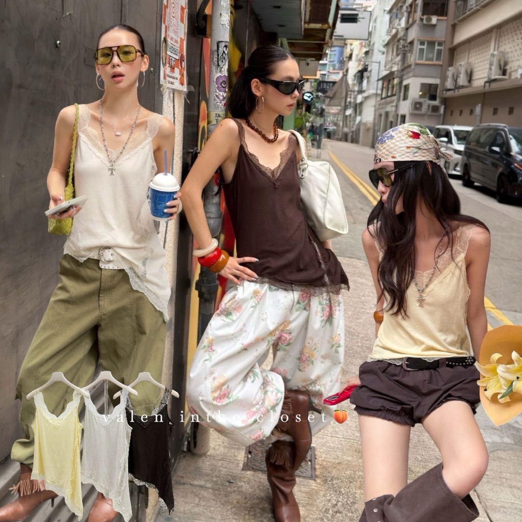 ส่งด่วน 🛵 26T238 MMFISH 𝗠𝗔𝗬𝗔 𝗟𝗔𝗖𝗘 𝗧𝗢𝗣 เสื้อสายเดี่ยว ดีไซน์ขอบลูกไม้ด้านข้าง
