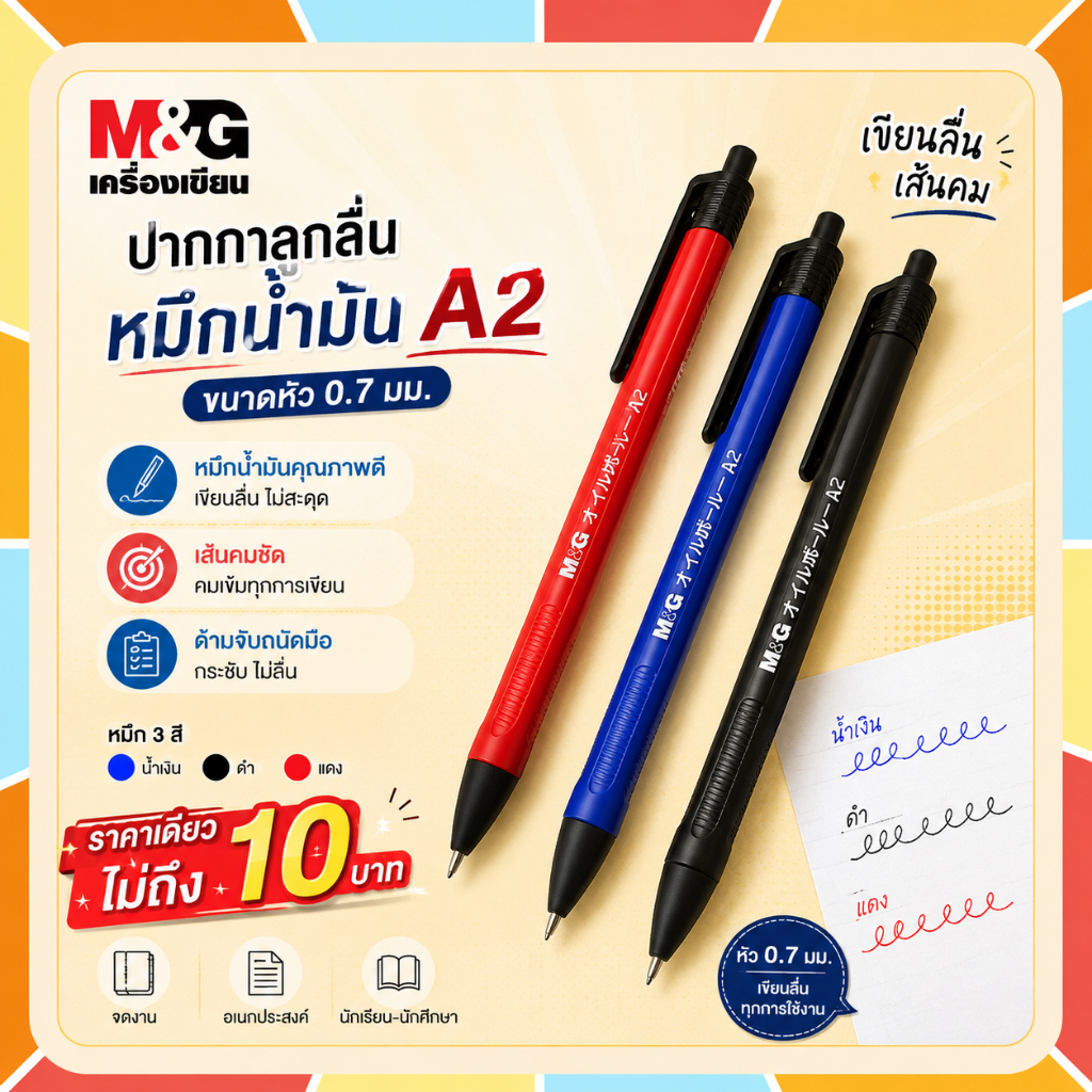 M&G A2 ปากกาลูกลื่น หมึกน้ำมัน  ขนาดหัว 0.7 มม หมึกสีน้ำเงิน ดำ และแดง ราคาแท่งละไม่ถึงสิบบาท เขียนลื่น เส้นคม