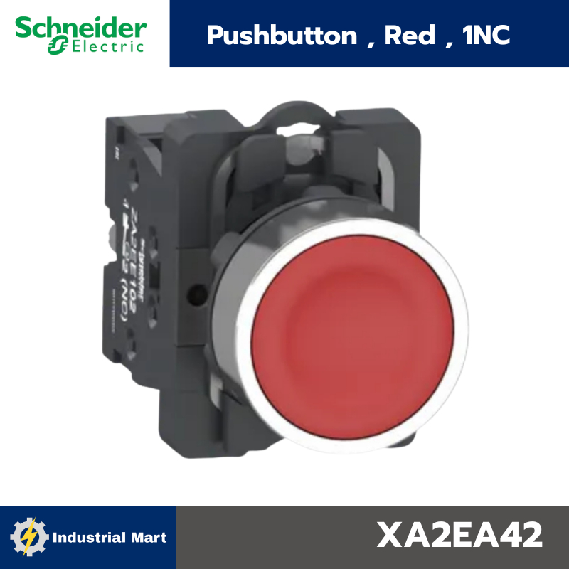 Schneider Electric XA2 สวิตซ์ปุ่มกดหัวเรียบ-เด้งกลับ Ø22mm พลาสติก (XA2EA42แดง)